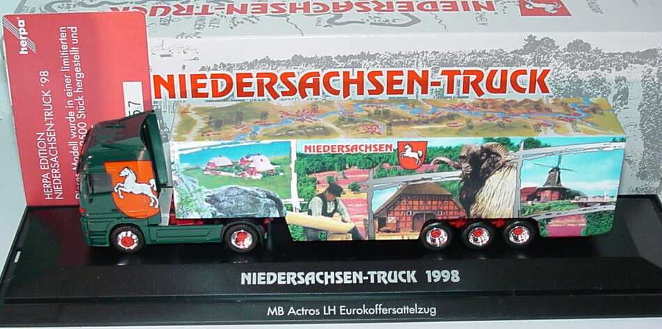 Foto 1:87 Mercedes-Benz Actros LH Fv Cv KoSzg Cv 2/3 Niedersachsen-Truck 1998 herpa 187824