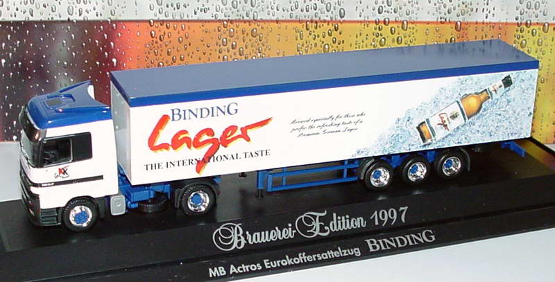 Foto 1:87 Mercedes-Benz Actros LH Fv KoSzg 2/3 Binding Lager - The international taste, KK Getränke Hanau (Brauerei-Edition 1997) herpa 186032