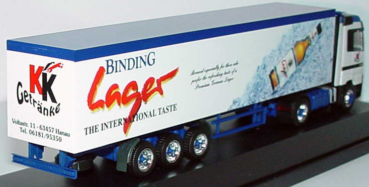 Foto 1:87 Mercedes-Benz Actros LH Fv KoSzg 2/3 Binding Lager - The international taste, KK Getränke Hanau (Brauerei-Edition 1997) herpa 186032