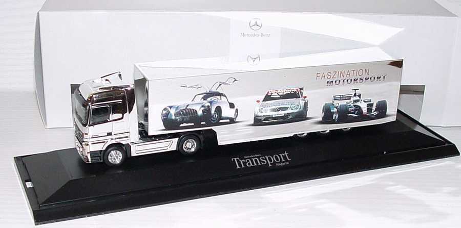 Foto 1:87 Mercedes-Benz Actros LH MP2 Fv Cv RenntransportSzg 2/3 Faszination Motorsport vollverchromt Werbemodell herpa B66000497