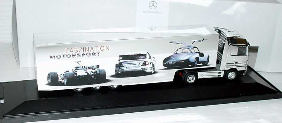 Foto 1:87 Mercedes-Benz Actros LH MP2 Fv Cv RenntransportSzg 2/3 Faszination Motorsport vollverchromt Werbemodell herpa B66000497
