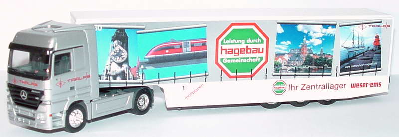 Foto 1:87 Mercedes-Benz Actros LH MP2 Fv Cv SafelinerGpSzg 2/3 Tralas, Hagebau - Ihr Zentrallager Weser-Ems herpa 149013