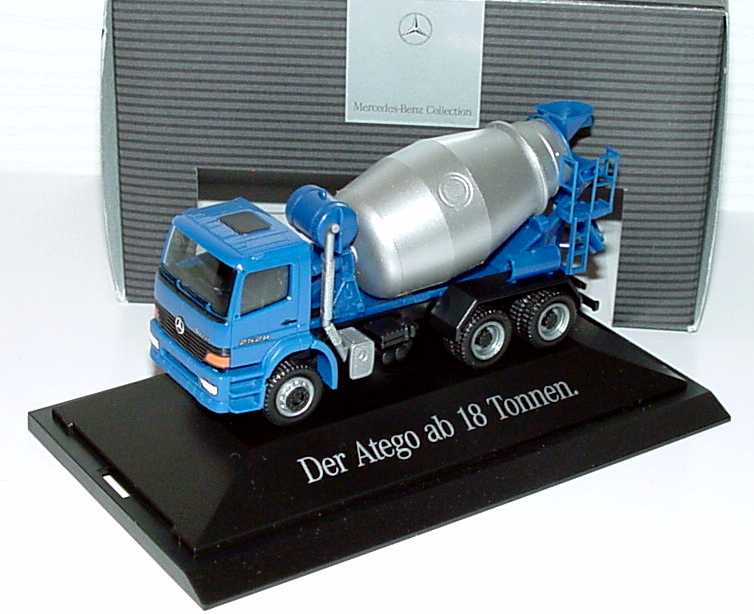 Foto 1:87 Mercedes-Benz Atego 3a Betonmischer blau/silber Der Atego ab 18 Tonnen Werbemodell herpa B66000235