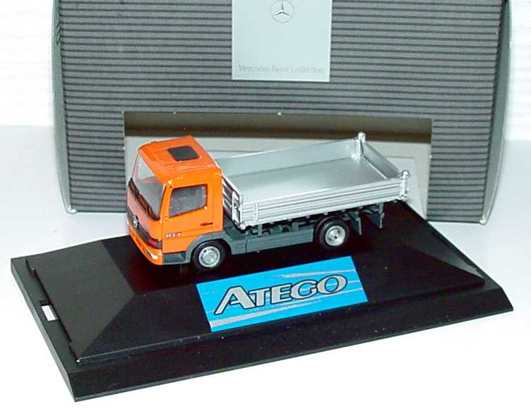 Foto 1:87 Mercedes-Benz Atego 817 2a Dreiseitenkipper orange/silber Werbemodell herpa B66000150