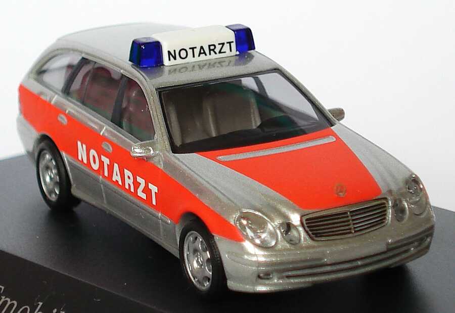Foto 1:87 Mercedes-Benz E-Klasse T-Modell (S211) NEF Notarzt silber/tagesleuchtrot RETTmobil 2005 Busch