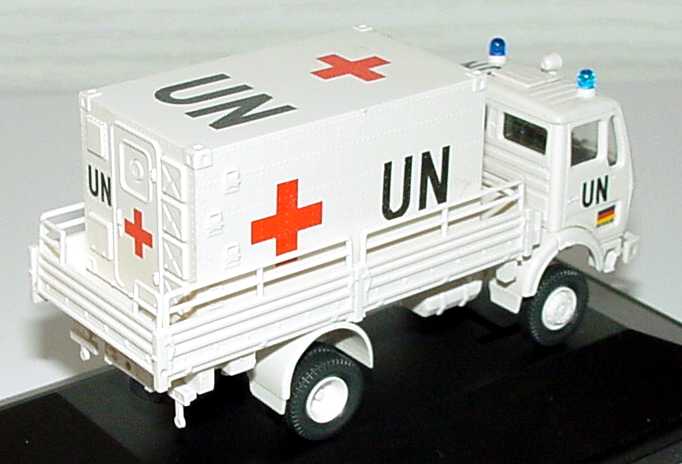 Foto 1:87 Mercedes-Benz (K) 2a Pritschen-Lkw (beladen mit Sanitätscontainer) UN Rotes Kreuz Werbemodell herpa