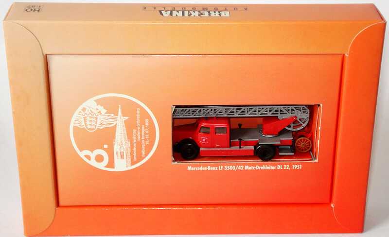 Foto 1:87 Mercedes-Benz LF 3500/42 Metz Drehleiter DL 22 Feuerwehr Freiburg i. Br. (8. Landesfeuerwehrtag Baden-Württemberg 1998) Brekina