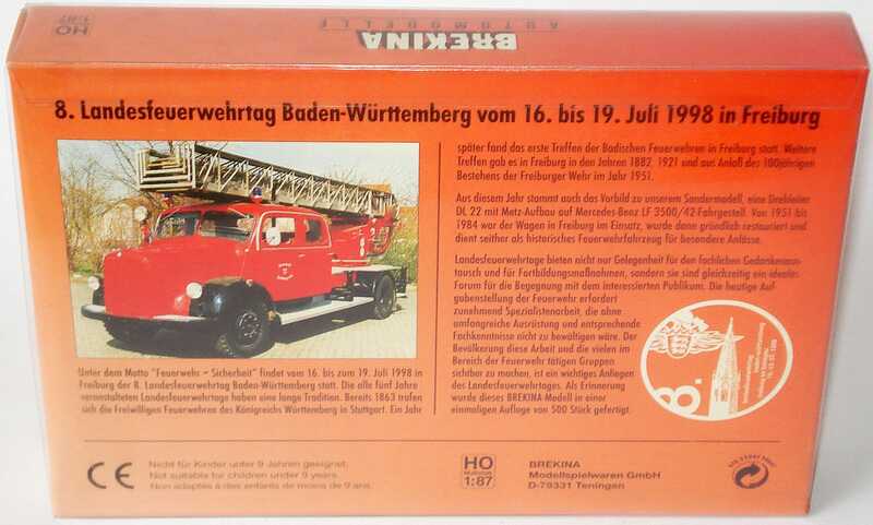 Foto 1:87 Mercedes-Benz LF 3500/42 Metz Drehleiter DL 22 Feuerwehr Freiburg i. Br. (8. Landesfeuerwehrtag Baden-Württemberg 1998) Brekina