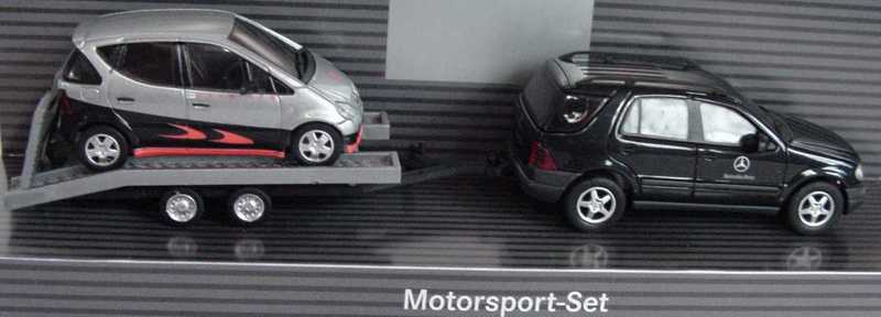 Foto 1:87 Mercedes-Benz Motorsport-Set (ML 320 mit Autotransportanhänger + A-Klasse Hakkinen) Werbemodell Busch B66005651