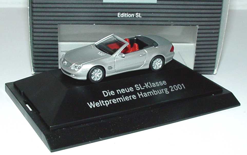 Foto 1:87 Mercedes-Benz SL 500 (R230) brillantsilbermet., Sitze rot Die neue SL-Klasse - Weltpremiere Hamburg 2001 Werbemodell herpa
