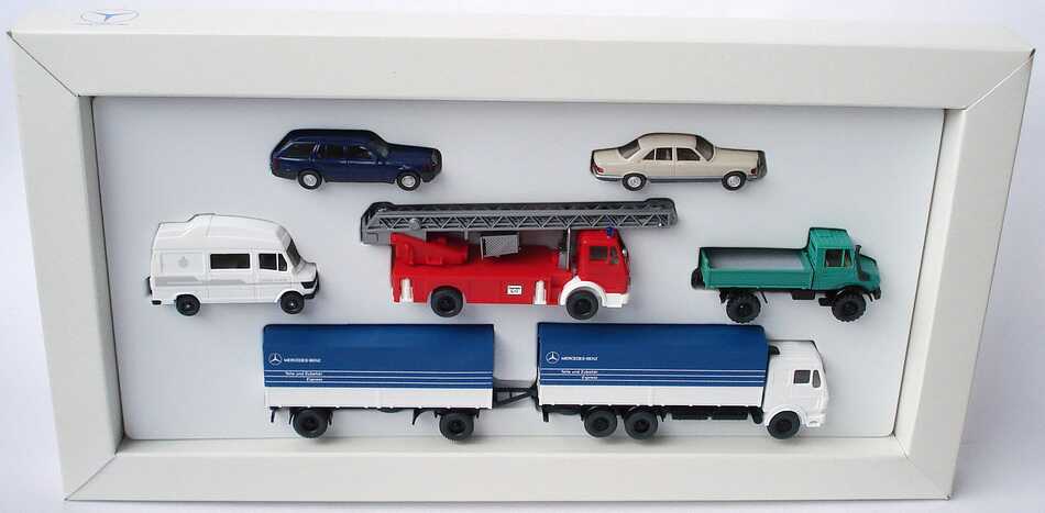 Foto 1:87 Mercedes-Benz Set-Packung  (230TE blau + 500SE + 207D James Cook + Drehleiter + Unimog + Hgz Teile und Zubehör) Werbemodell Wiking