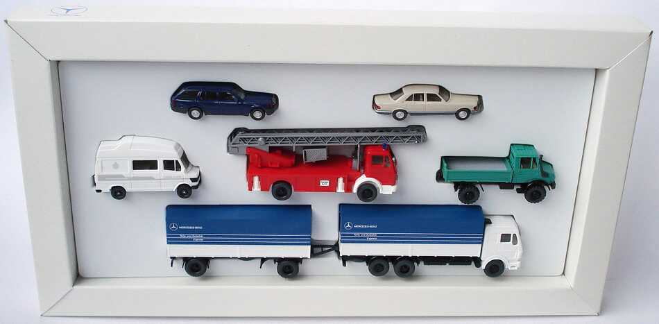 Foto 1:87 Mercedes-Benz Set-Packung  (230TE blau + 500SE + 207D James Cook + Drehleiter + Unimog + Hgz Teile und Zubehör) Werbemodell Wiking