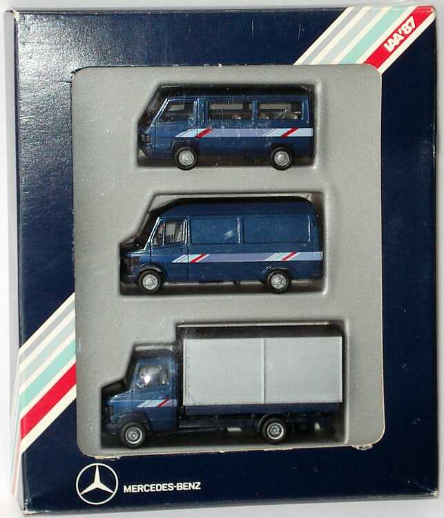 Foto 1:87 Mercedes-Benz Setpackung IAA´87 (100 D Bus + 207D Kasten Hochdach + T2 PP blaumet.) Werbemodell herpa