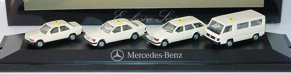 Foto 1:87 Mercedes-Benz Taxi-Packung (190E + 300E + 300TE + MB 100 II Bus) Werbemodell herpa