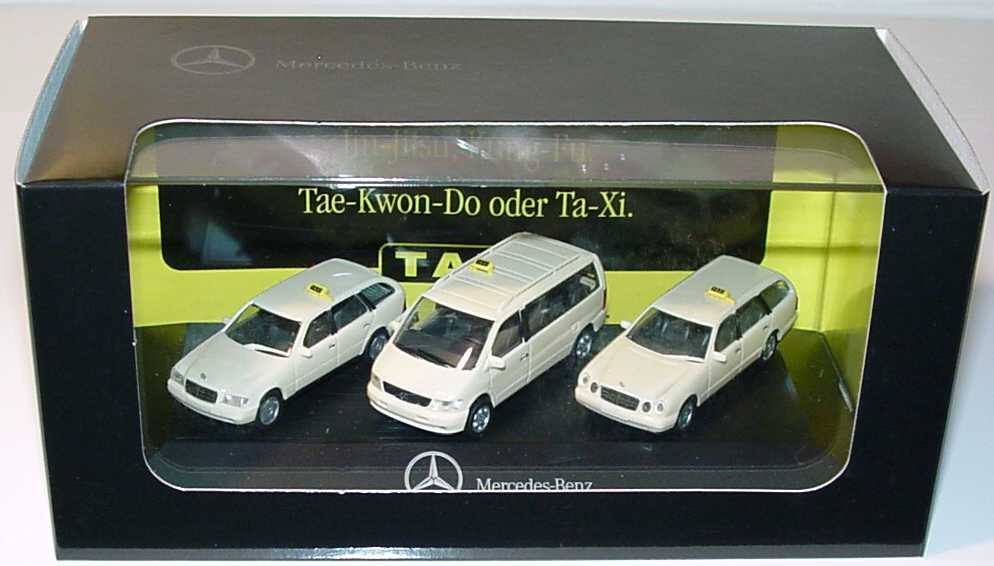 Foto 1:87 Mercedes-Benz Taxi-Packung II (C-, V- und E-Klasse) Zu Ihrer Sicherheit gibt´s: Jiu-Jitsu, Tae-Kwon-Do oder Ta-Xi. Werbemodell herpa