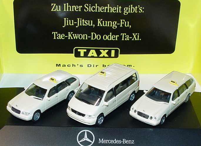 Foto 1:87 Mercedes-Benz Taxi-Packung II (C-, V- und E-Klasse) Zu Ihrer Sicherheit gibt´s: Jiu-Jitsu, Tae-Kwon-Do oder Ta-Xi. Werbemodell herpa
