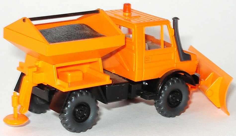 Foto 1:87 Mercedes-Benz Unimog U1300 mit Schneepflug und Streuaufsatz orange Wiking 646