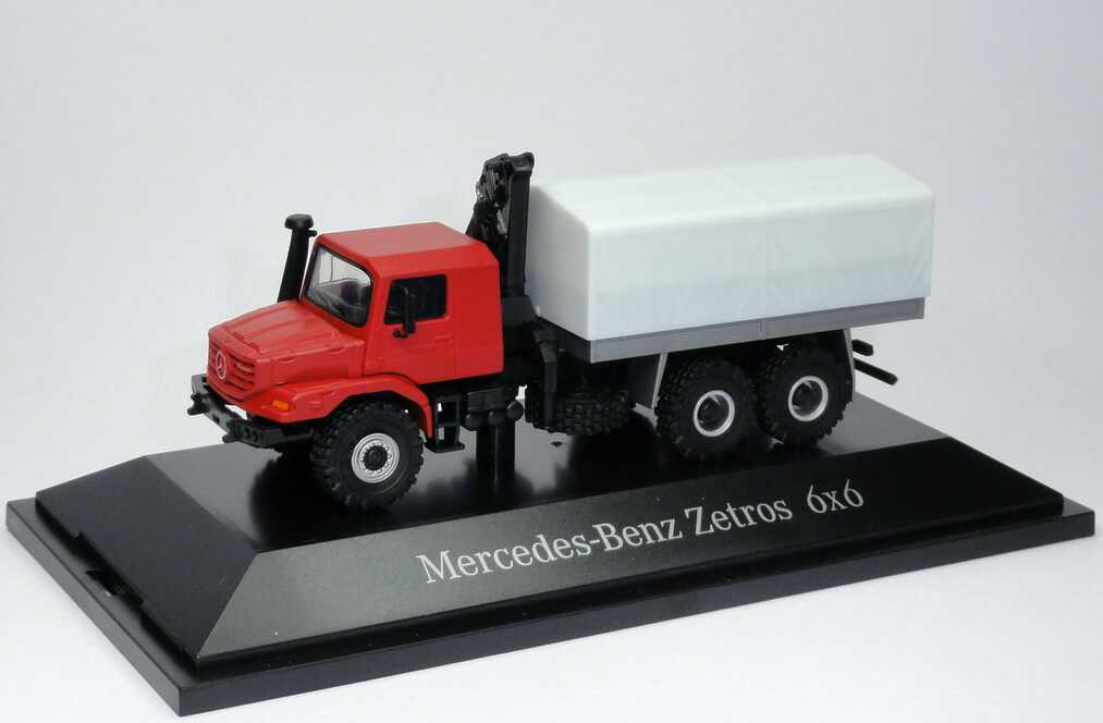 Foto 1:87 Mercedes-Benz Zetros 6x6 Pritsche/Plane mit Ladekran rubinrot Werbemodell Cursor B66005257