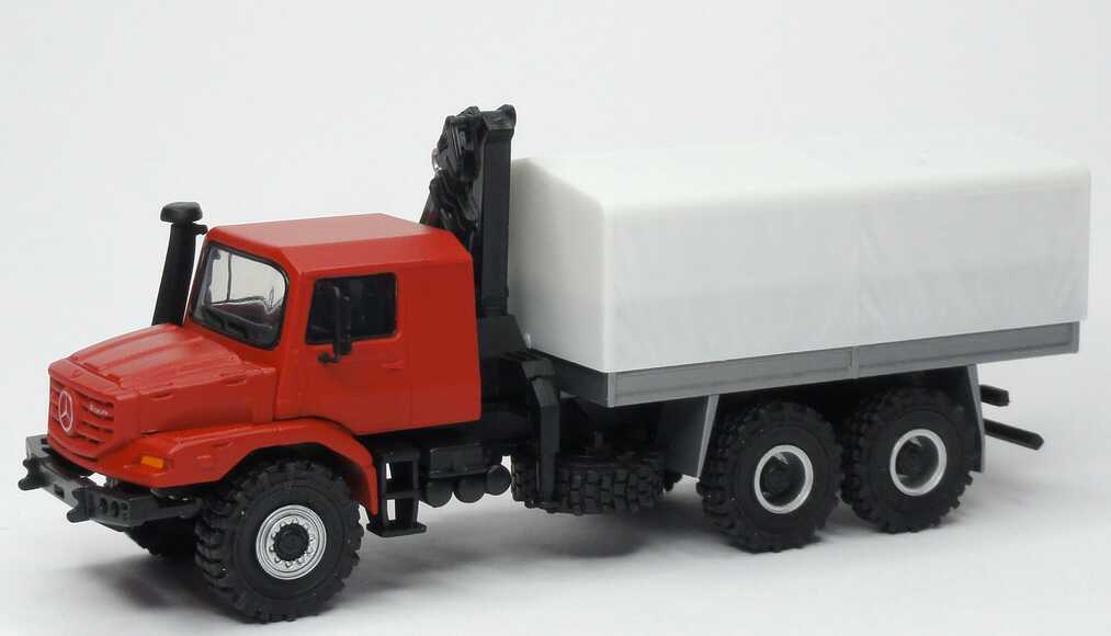Foto 1:87 Mercedes-Benz Zetros 6x6 Pritsche/Plane mit Ladekran rubinrot Werbemodell Cursor B66005257