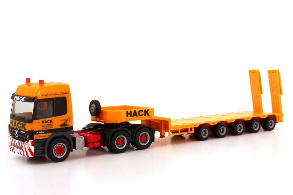 Foto 1:87 Mercedes-Benz Actros L MP2 3360 Goldhofer-Semitieflade-Szg 3/5 Hack Autokrane, Windhagen herpa 157285