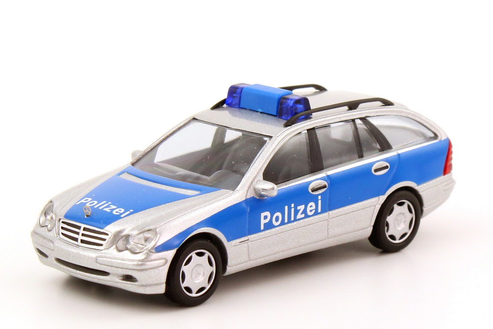 Foto 1:87 Mercedes-Benz C-Klasse T-Modell (S203) Autobahnpolizei silber-met./blau Busch 49156