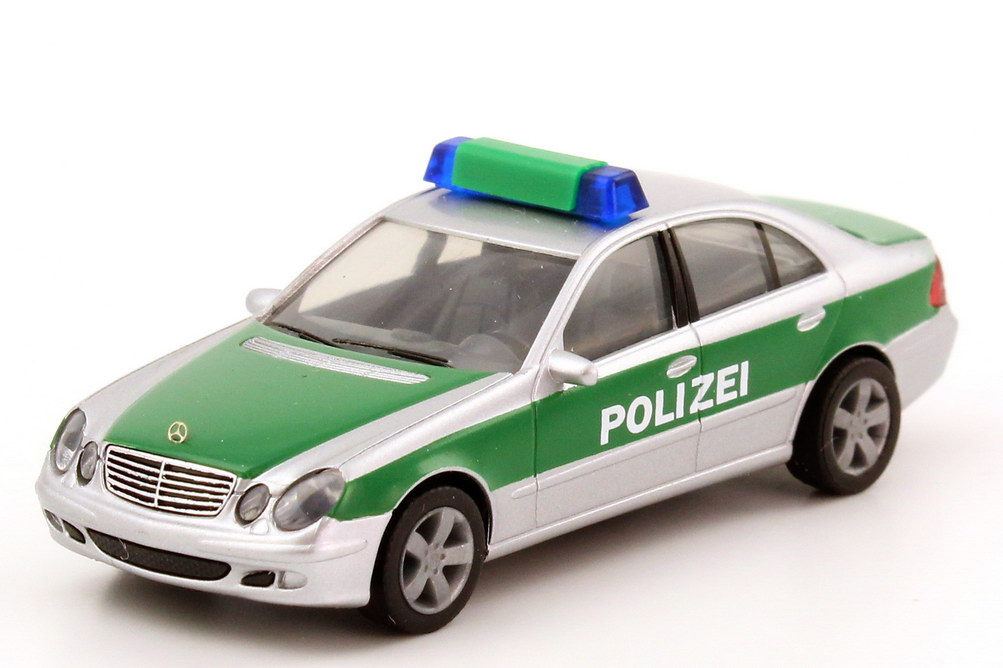 Foto 1:87 Mercedes-Benz E-Klasse (W211) Polizei Baden-Württemberg silber-met./grün herpa 045834