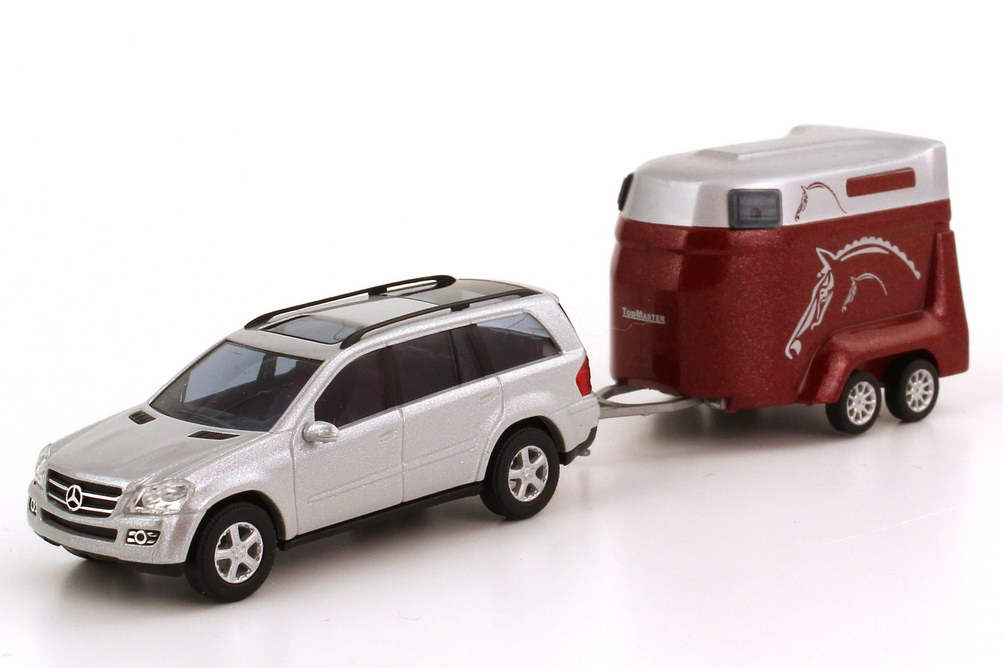 Foto 1:87 Mercedes-Benz GL-Klasse (X164) silber-met. mit Böckmann TopMaster de Luxe Pferdetransportanhänger Busch 46301