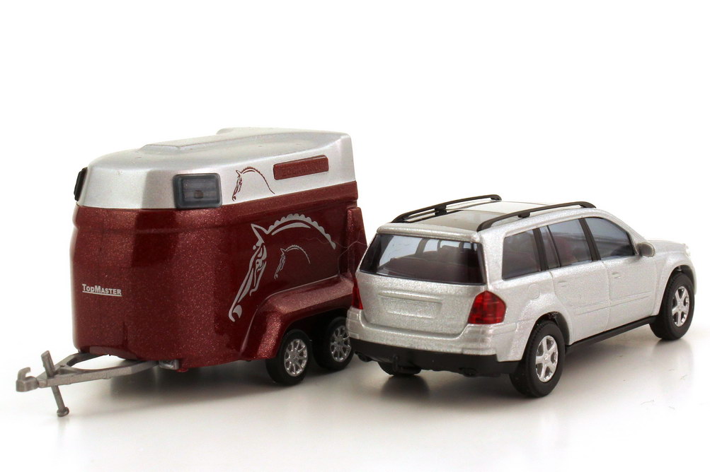 Foto 1:87 Mercedes-Benz GL-Klasse (X164) silber-met. mit Böckmann TopMaster de Luxe Pferdetransportanhänger Busch 46301