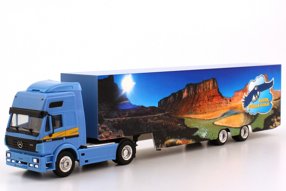 Foto 1:87 Mercedes-Benz SK ´94 Eurocab Fv Cv KoSzg Cv 2/2 River, Hills & Gold Werbemodell herpa B66000028