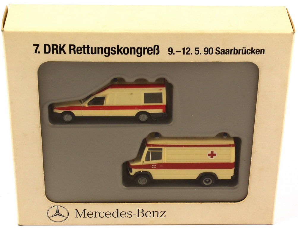 Foto 1:87 Mercedes-Benz Setpackung 7. DRK Rettungskongreß 9.-12.5.90 Saarbrücken (W124 Bonna + T2 KTW) Werbemodell herpa