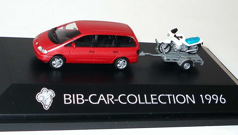 Foto 1:87 Michelin BIB-Car-Collection 1996 (VW Sharan karminrot-met. mit Anhänger und BMW R 1100 RS) herpa
