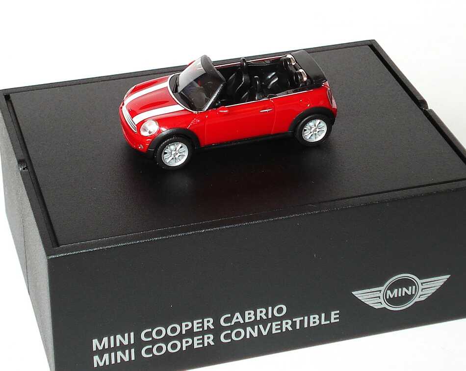 Foto 1:87 Mini Cooper Cabrio (R57) 2009 chilired mit weißen Sportstreifen Werbemodell herpa 80412148828