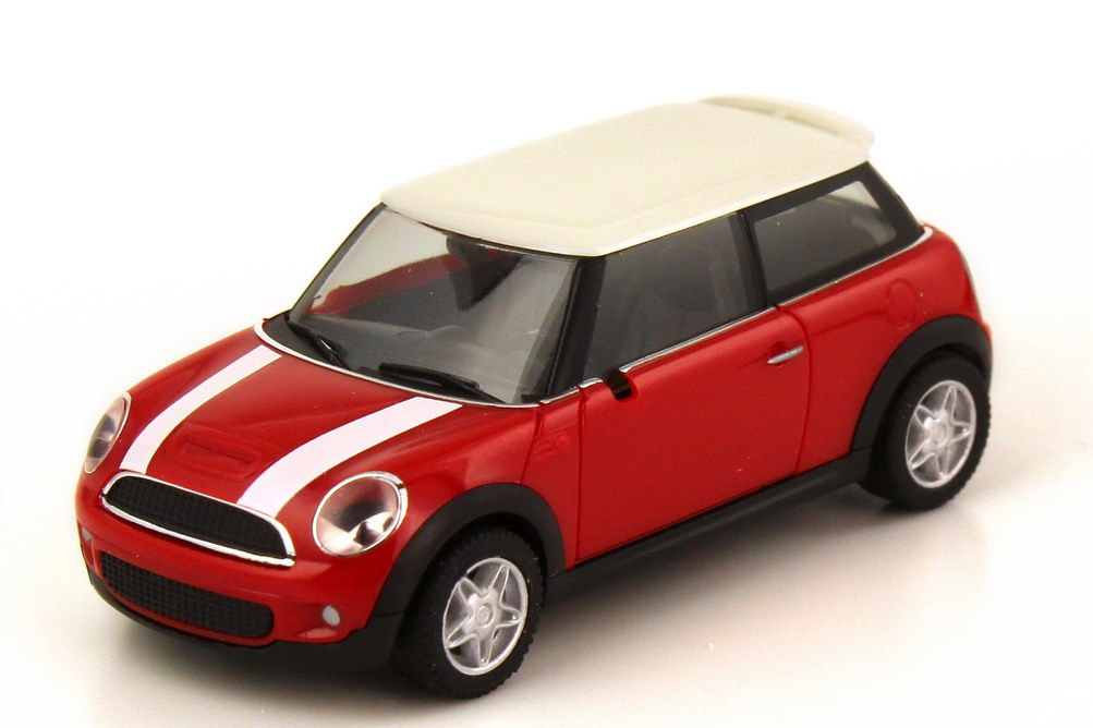 Foto 1:87 Mini Cooper S (R56) rot, Dach weiß, Motorhaubenstreifen weiß herpa 023627