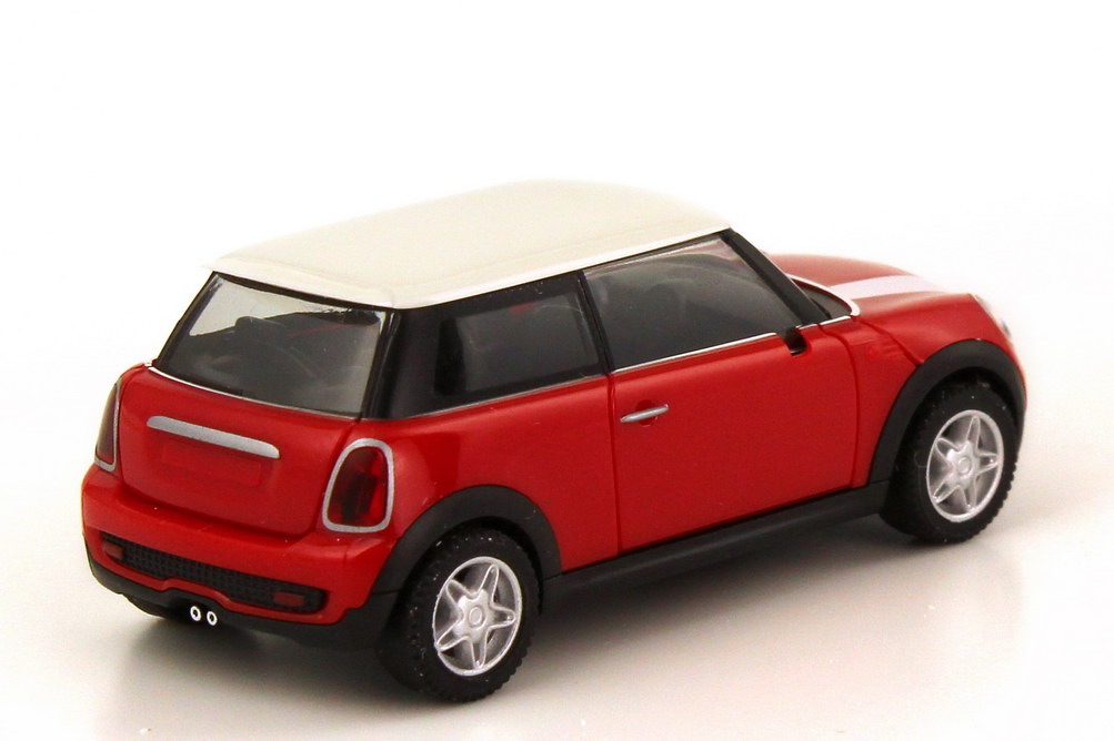 Foto 1:87 Mini Cooper S (R56) rot, Dach weiß, Motorhaubenstreifen weiß herpa 023627