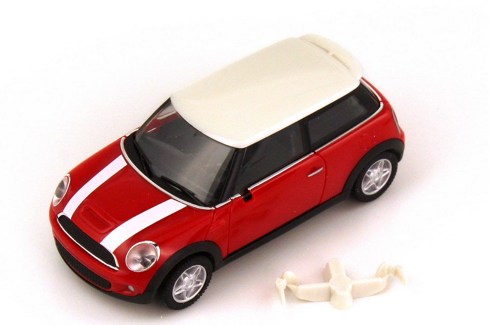 Foto 1:87 Mini Cooper S (R56) rot, Dach weiß, Motorhaubenstreifen weiß herpa 023627