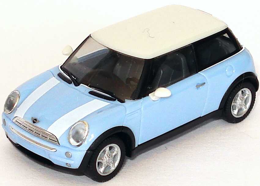 Foto 1:87 New Mini Cooper dolomitblau mit weißen Streifen, Dach weiß, ohne Klappbox herpa 80410029826