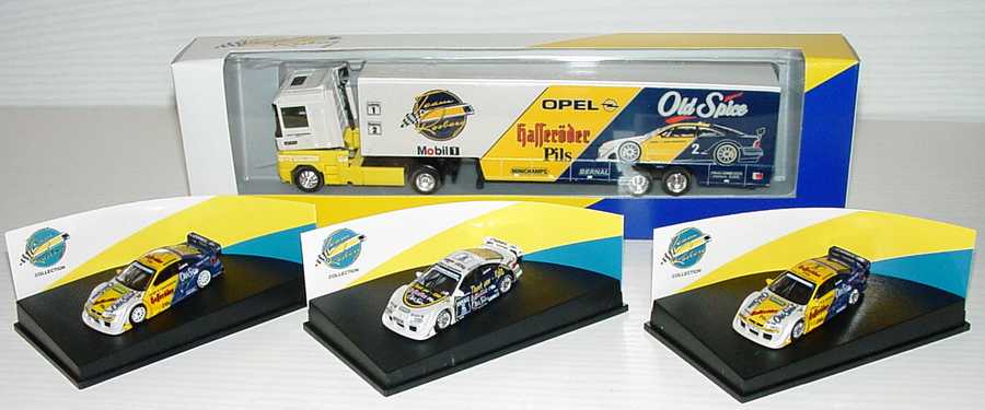 Foto 1:87 Opel Team Rosberg 1995 - Collectors Edition No.1 (3 Opel Calibra (Nr.1 + Nr.2 + Nr.2 Thank you Keke) + 1 Renault AE Renntransporter) Minichamps 870001000