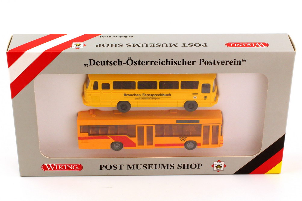 Foto 1:87 Post Museums Shop Set-Packung Deutsch-Österreichischer Postverein (Mercedes O 302 Postbus + ÖAF Gräf & Stift AG GSNL 202 Postbus Österreich) Wiking 81-09