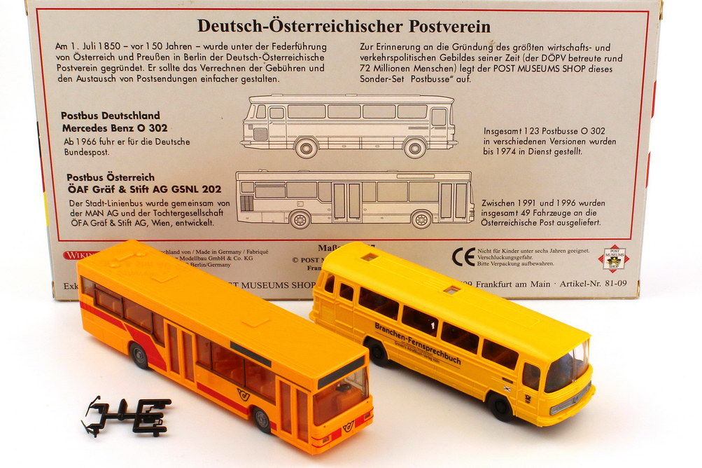 Foto 1:87 Post Museums Shop Set-Packung Deutsch-Österreichischer Postverein (Mercedes O 302 Postbus + ÖAF Gräf & Stift AG GSNL 202 Postbus Österreich) Wiking 81-09