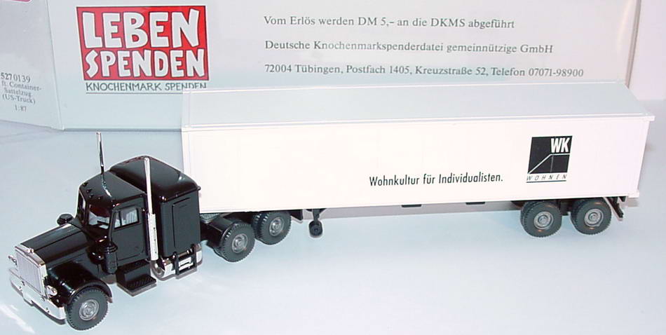 Foto 1:87 Peterbilt 40CoSzg 3/2 WK Wohnen - Wohnkultur für Individualisten, Leben Spenden - Knochenmark Spenden Wiking 52701