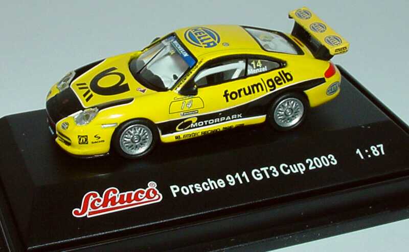 Foto 1:87 Porsche 911 GT3 Cup (996) PCC 2003 Tolimit, Hella, Post forum gelb Nr.14, Christian Menzel Schuco 21832