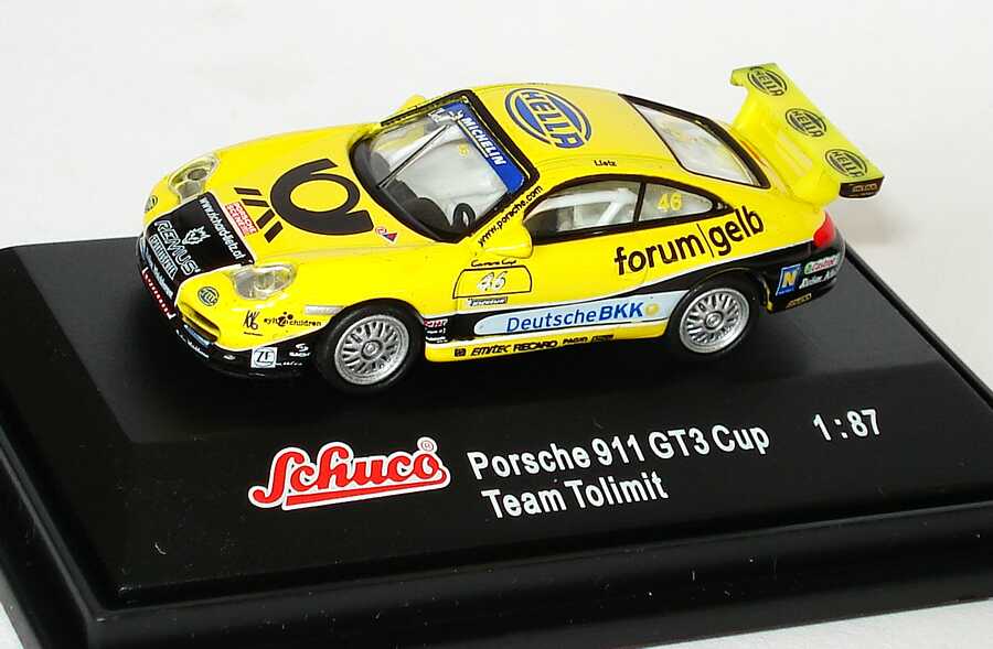 Foto 1:87 Porsche 911 GT3 Cup (996) PCC 2004 Tolimit, Hella, Post forum gelb, Deutsche BKK Nr.46, Lietz Schuco 21944