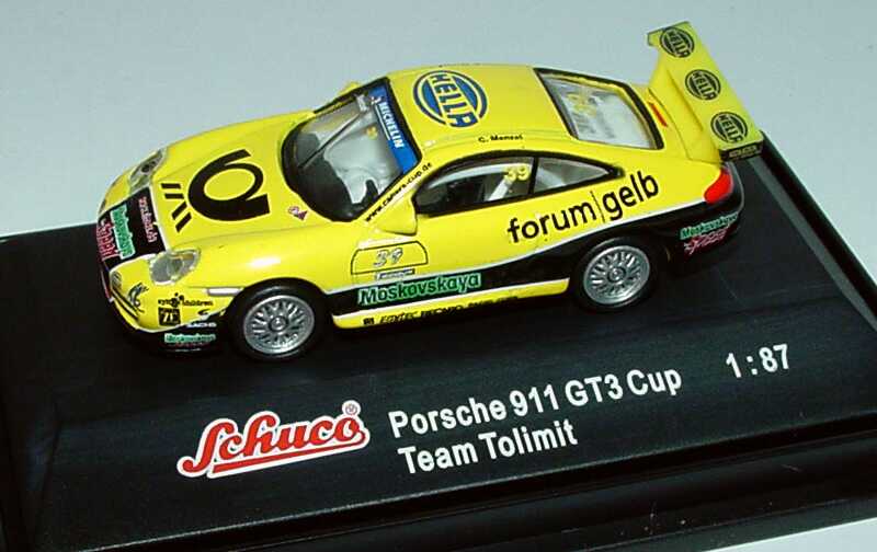 Foto 1:87 Porsche 911 GT3 Cup (996) PCC 2004 Tolimit, Hella, Post forum gelb, Moskovskaya Nr.39, Menzel Schuco 21979