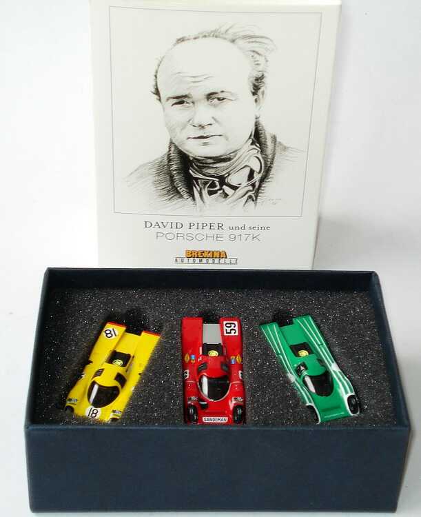 Foto 1:87 Porsche 917 K Set-Packung David Piper und seine Porsche 917 K (3x 917 K, grün + rot Nr.59 + gelb Nr.18) Brekina 16099