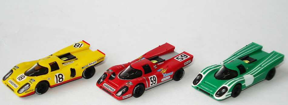 Foto 1:87 Porsche 917 K Set-Packung David Piper und seine Porsche 917 K (3x 917 K, grün + rot Nr.59 + gelb Nr.18) Brekina 16099