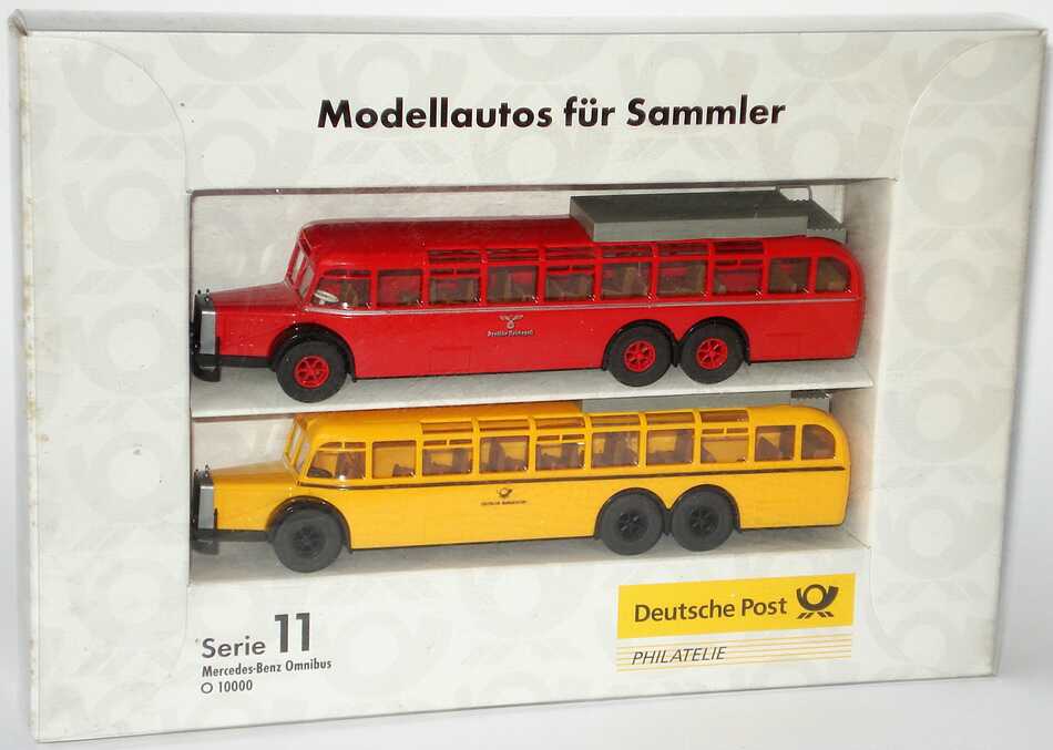 Foto 1:87 Post-Set Serie 11 Mercedes-Benz Omnibus O 10000 (rot Deutsche Reichspost + gelb Deutsche Bundespost) Brekina