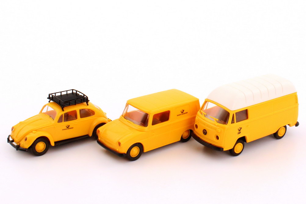 Foto 1:87 Post-Set Serie 6 Volkswagen der Deutschen Bundespost (VW 1200 A + VW T2 Kasten Hochdach + VW Fridolin) Brekina