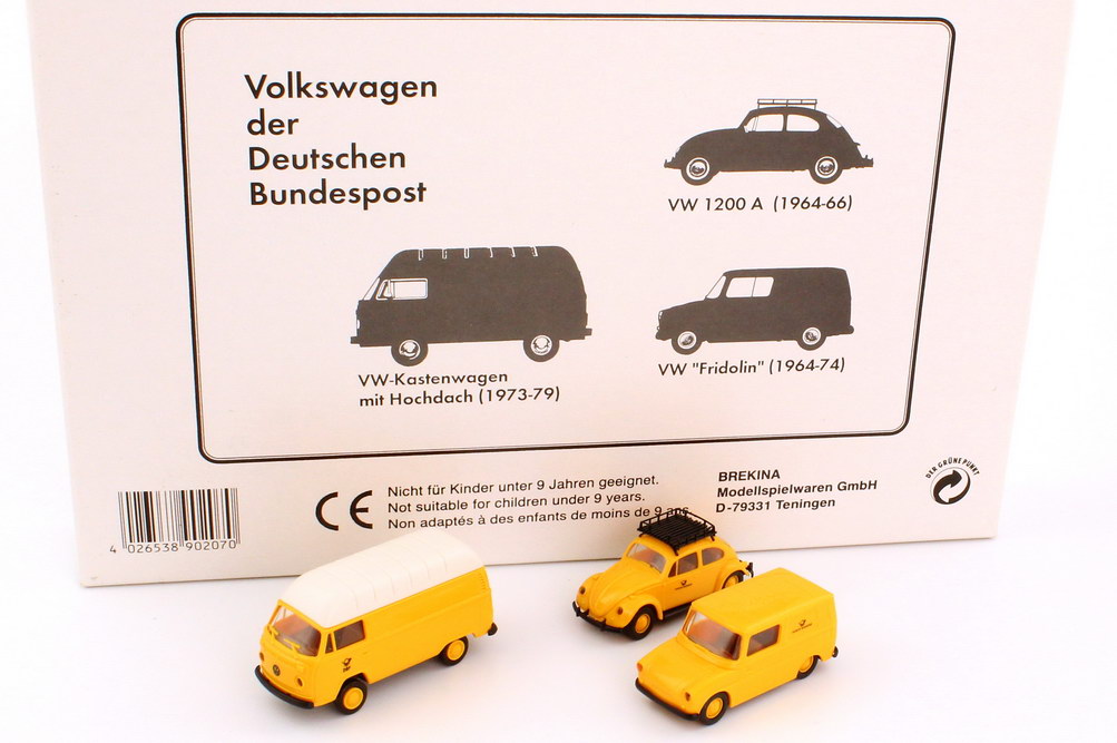 Foto 1:87 Post-Set Serie 6 Volkswagen der Deutschen Bundespost (VW 1200 A + VW T2 Kasten Hochdach + VW Fridolin) Brekina