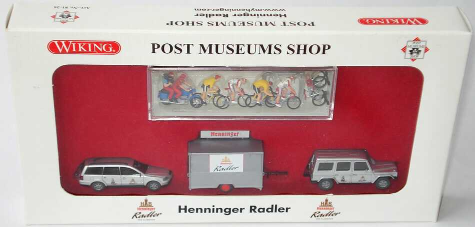 Foto 1:87 Post Museums Shop Setpackung Henninger Radler (Mercedes G + VW Passat Variant + Schankwagen + Figuren) Wiking 81-26