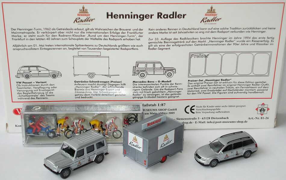 Foto 1:87 Post Museums Shop Setpackung Henninger Radler (Mercedes G + VW Passat Variant + Schankwagen + Figuren) Wiking 81-26